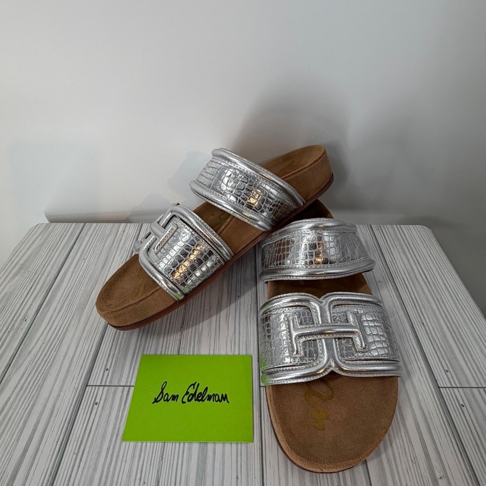 Sam Edelman Rowan Platform Slide Sandal Soft Silver Metallic Leather Womens 8.5M